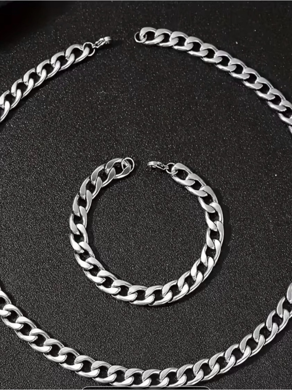 Men's Silver Cuban Link Chain & Bracelet Set - Polished Silver Finish